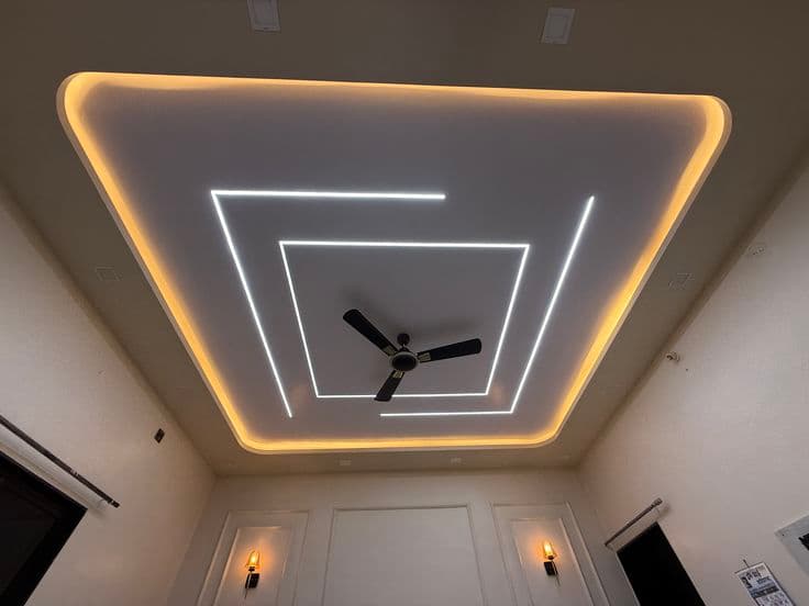 Box-type gypsum false ceiling with square LED lighting design for a Chandigarh bedroom
