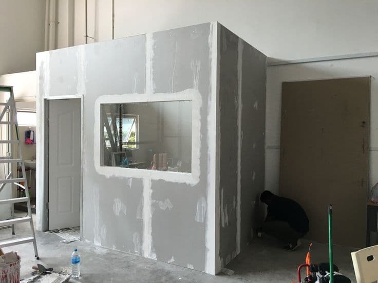 Finished gypsum partition wall enclosing a cabin with a window, Manimajra Chandigarh